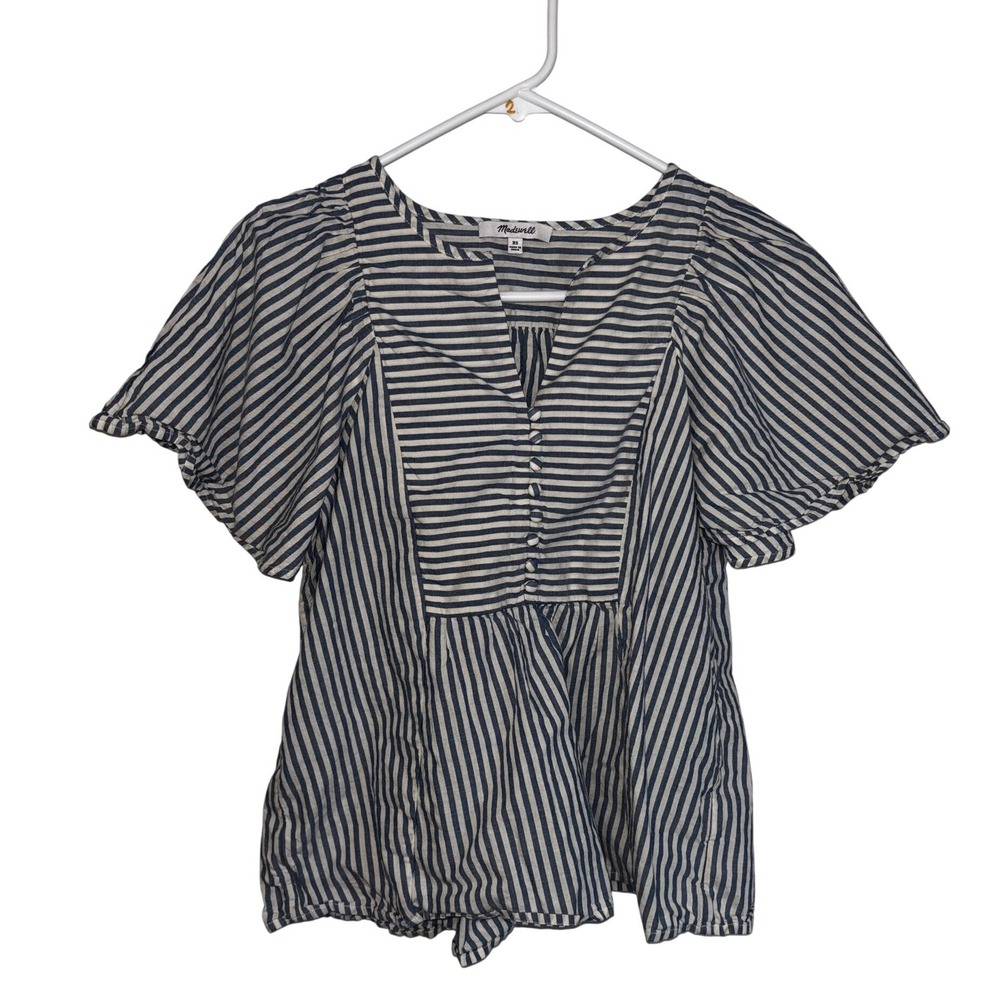 Madewell Womens Blue White Striped Flutter Sleeve Button Front Peplum Blouse XS